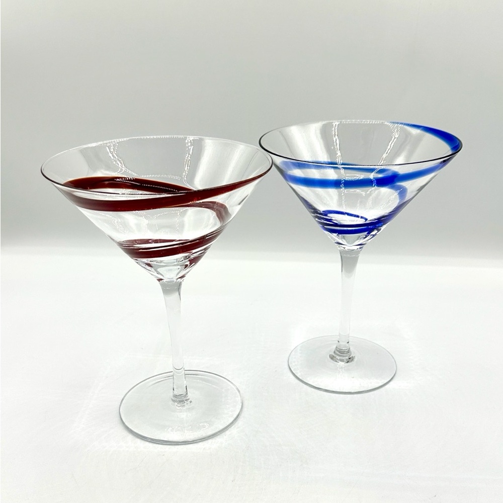 2 Pier1 Swirline Deep Red & Blue Martini, Cosmopolitan Glasses
